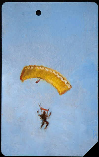 Untitled (parachute), oil on metro card, 54mm x 85mm, 2010